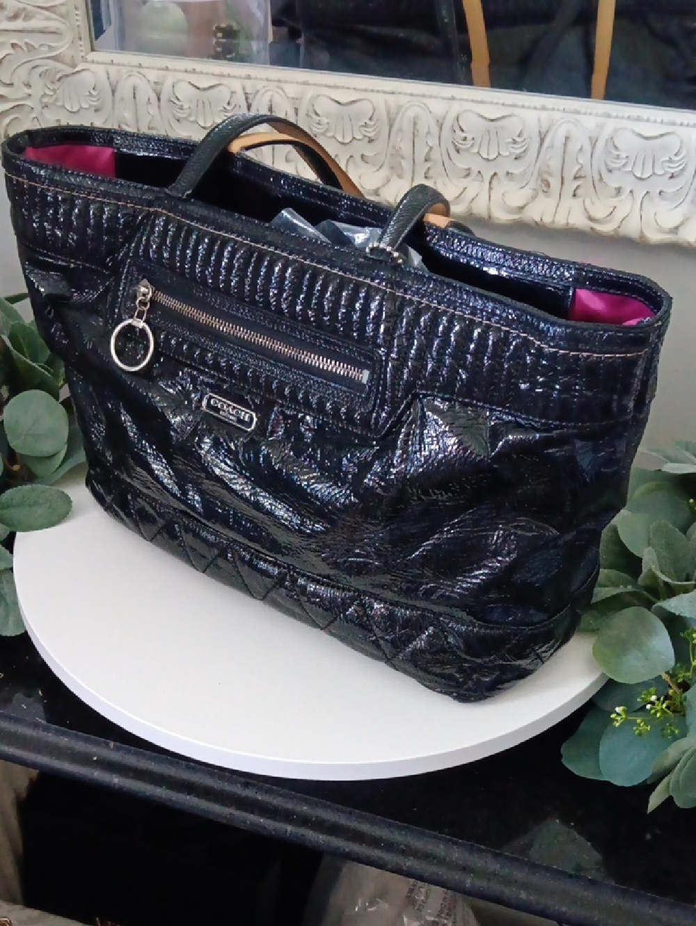An Authentic Quilted Poppy Liquid Glass Coach Tote